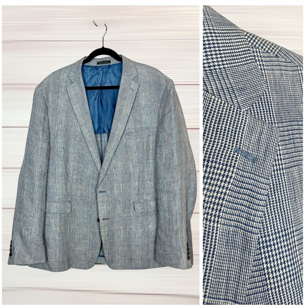 Lauren Ralph Lauren Slim Fit 100% Linen Blazer 50R Blue Ivory Glen Plaid Slim